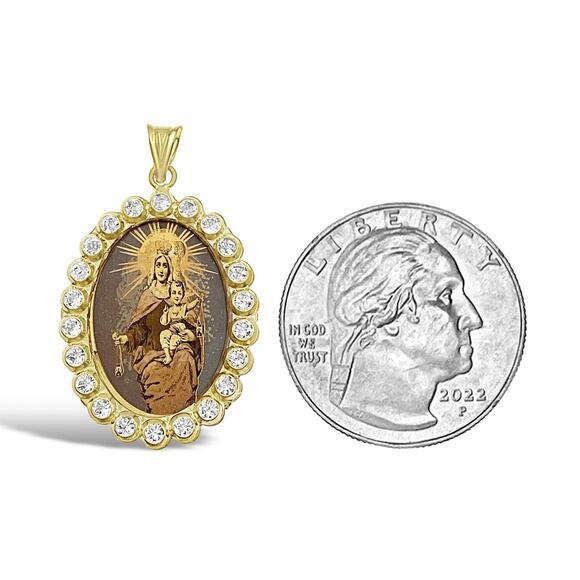 14k Gold Virgin Mary Baby Jesus Pendant Lady Guadalupe CZ Charm Oval 1.3 inch - Picture 2 of 2
